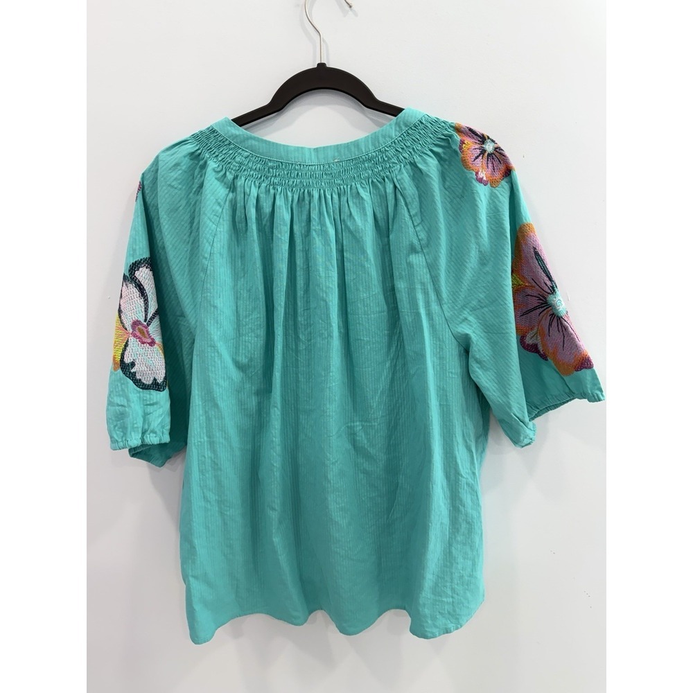 Cato Floral Embroidered Blouse 18/20W Aqua Cotton Split Neck Boho NWT Plus - Picture 5 of 9